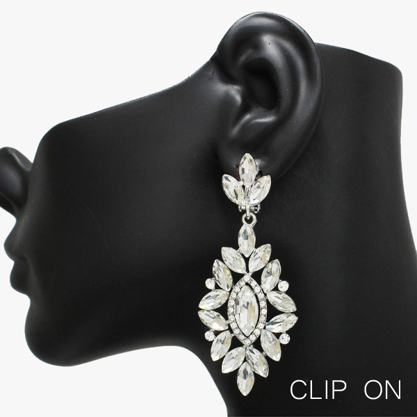 90575_Silver/Clear, marquise accent rhinestone evening clip on earring, wedding, bridal, prom 