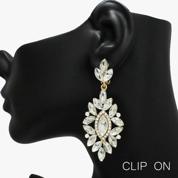 90575_Gold/Clear, marquise accent rhinestone evening clip on earring, wedding, bridal, prom 