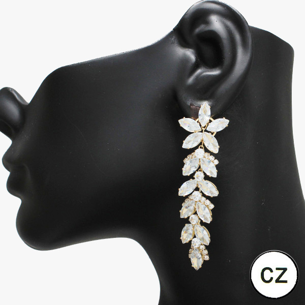 90577_Gold/Clear, flower accent cubic zirconia evening earring, wedding, bridal, prom 