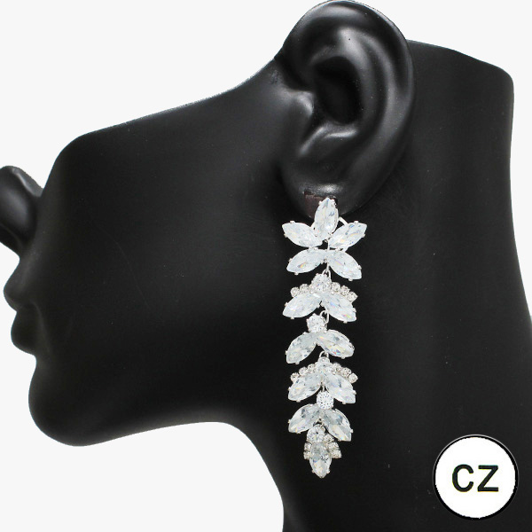 90577_Silver/Clear, flower accent cubic zirconia evening earring, wedding, bridal, prom 