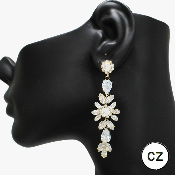 90578_Gold/Clear, multi cubic zirconia evening earring, wedding, bridal, prom 