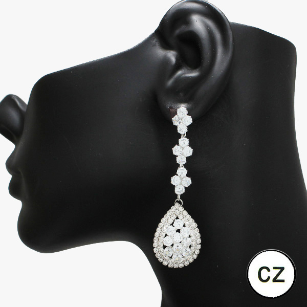 90579_Silver/Clear, teardrop accent cubic zirconia evening earring, wedding, bridal, prom 
