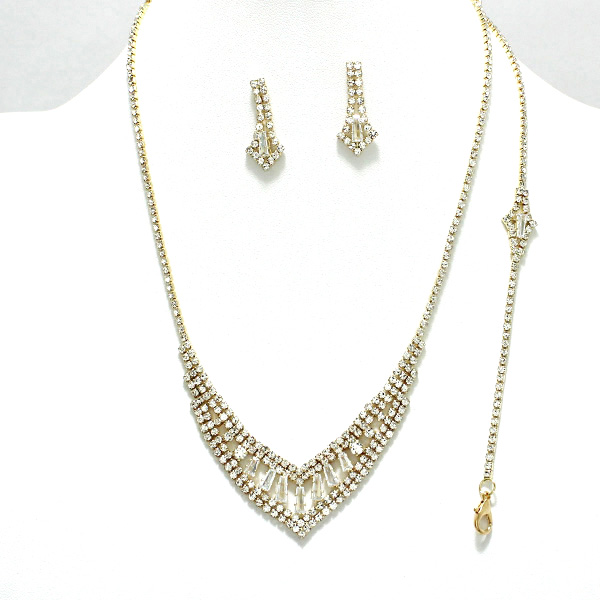 90597_Gold/Clear, baguette rhinestone necklace & bracelet set, wedding, bridal, prom 