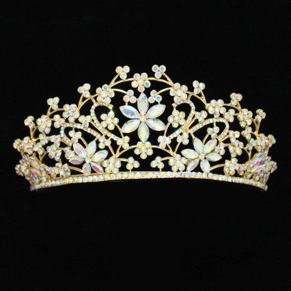 90662_Gold/AB, flower rhinestone crystal crown tiara with hair pins, wedding, bridal, prom 