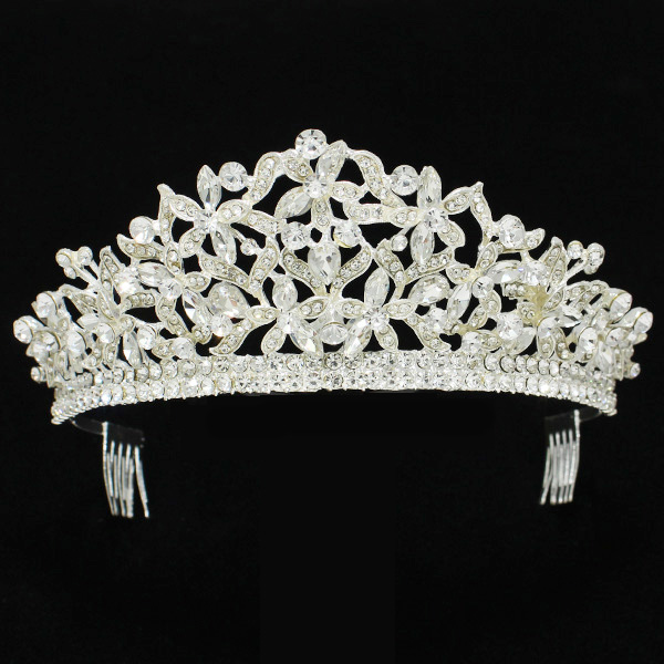 90663_Silver/Clear, flower rhinestone crystal crown tiara with hair comb, wedding, bridal, prom 