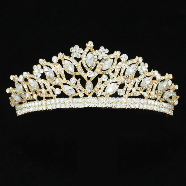 90664_Gold/Clear, marquise accent rhinestone crystal crown tiara with hair pins, wedding