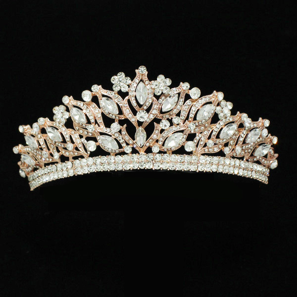 90664_Rose Gold/Clear, marquise accent rhinestone crystal crown tiara with hair pins, wedding