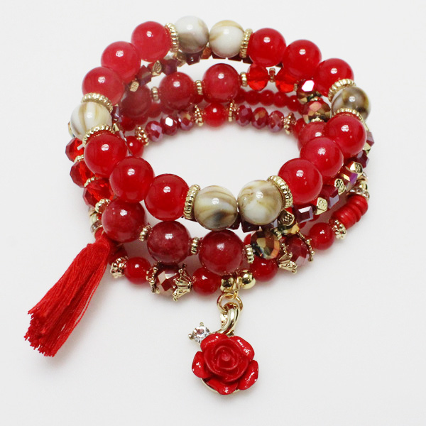 76775_Red, multi layered beaded stretch bracelet