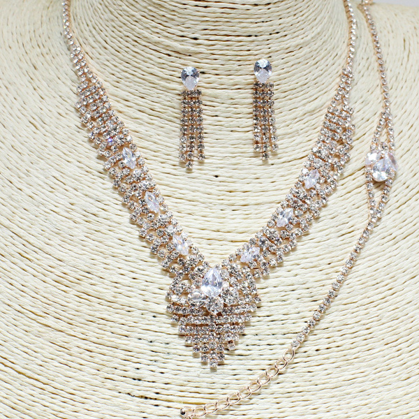 83183_Rose Gold, crystal rhinestone necklace set w/ bracelet