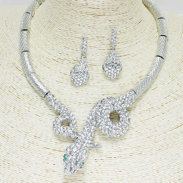 84471_Silver, twisted snake crystal rhinestone necklace set