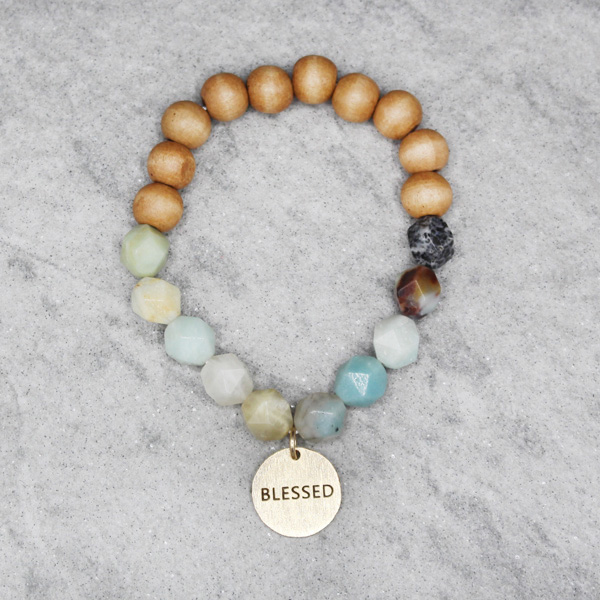 84723_Worn Gold/Amazonite, &quotBLESSED" faceted bead stretch bracelet