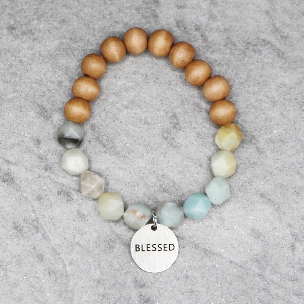 84723_Worn Silver/Amazonite, &quotBLESSED" faceted bead stretch bracelet