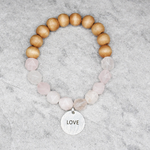 84723_Worn Silver/Pink, &quotLOVE" faceted bead stretch bracelet
