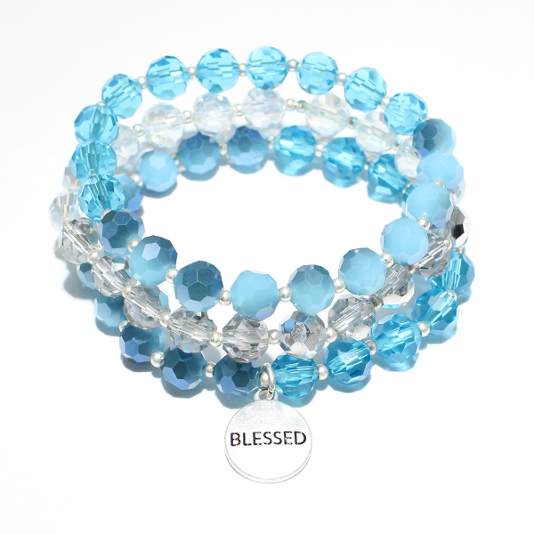 84727_Blue, &quotblessed" multi layered beaded stretch bracelet