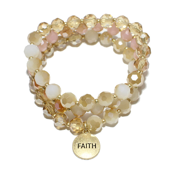 84727_Worn Gold/Natural, &quotfaith" multi layered beaded stretch bracelet