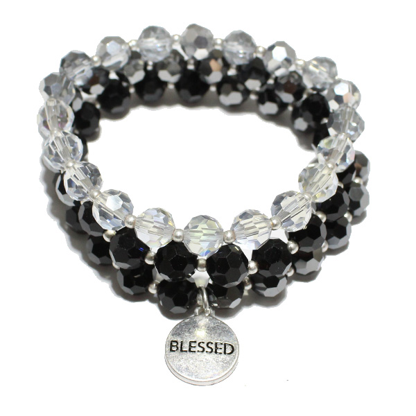 84727_Worn Silver/Black, &quotblessed" multi layered beaded stretch bracelet