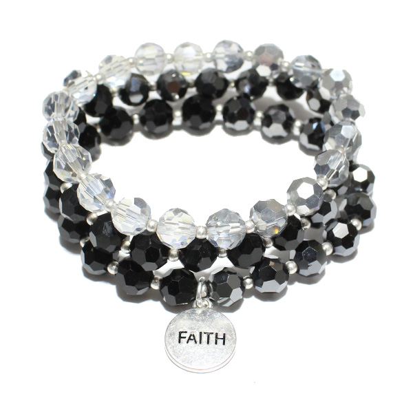 84727_Worn Silver/Black, &quotfaith" multi layered beaded stretch bracelet