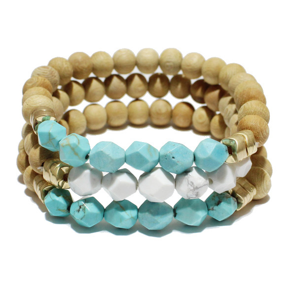 84728_Turquoise -WGTQS, faceted multi layered beaded stretch bracelet