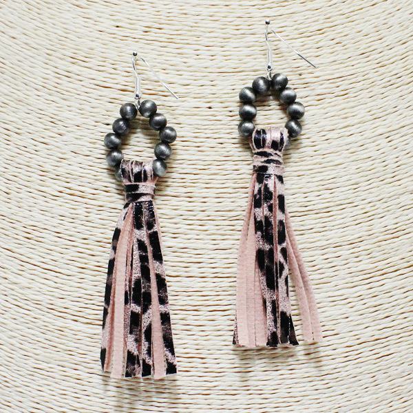 84739_Pink/Leopard -SBLPD, ball bead w/ faux leather tassel earring