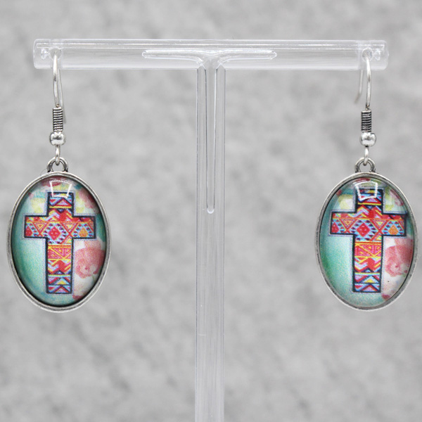84783_Silver Burnished/Turquoise, cross print bubble glass oval earring