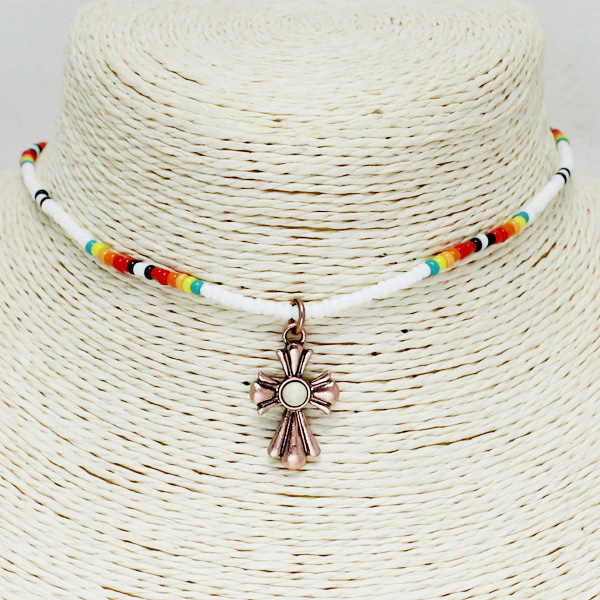 84785_Copper Burnished/White, cross blossom seed bead choker necklace