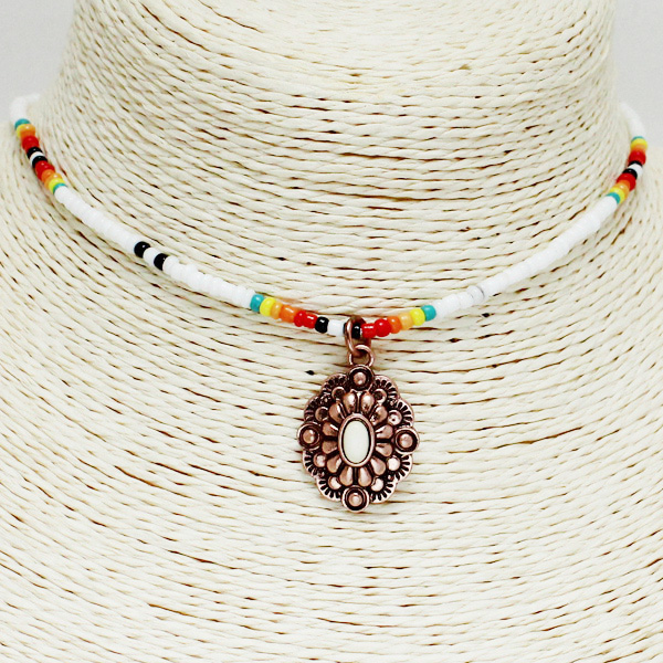 84788_Copper Burnished/White, western concho blossom seed bead choker necklace