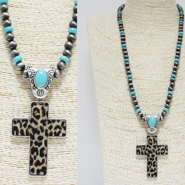 84791_Silver Burnished/Leopard, cross navajo pearl long necklace