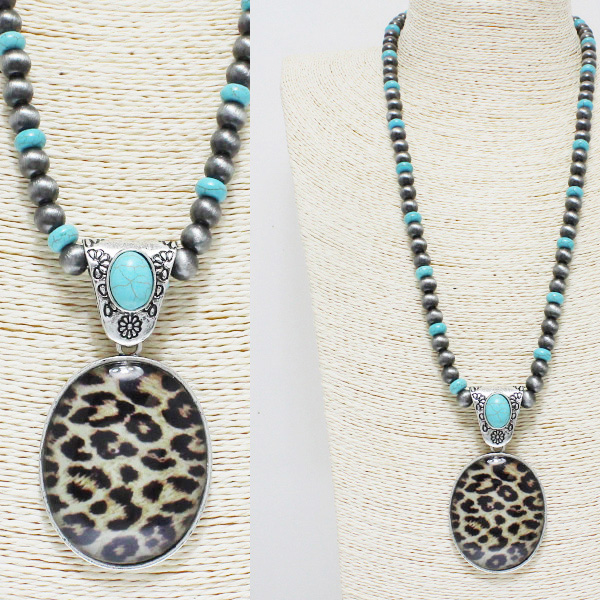84791_Silver Burnished/Leopard, oval navajo pearl long necklace