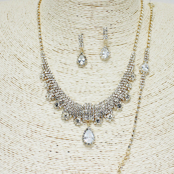85001_Gold/Clear, crystal rhinestone necklace n bracelet set