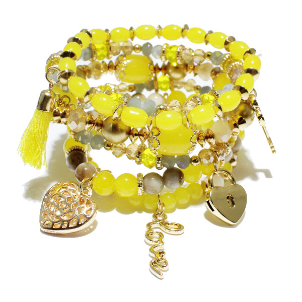 85212_Yellow -GDYE1, &quotlove" heart n key lock charm multi layered stretch bracelet