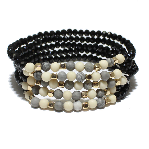 85462_Black Multi, multi layered bead stretch bracelet