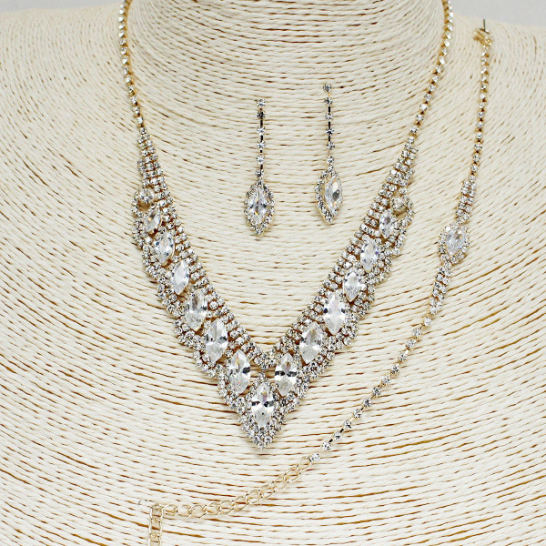 85660_Gold/Clear, crystal rhinestone necklace n bracelet set