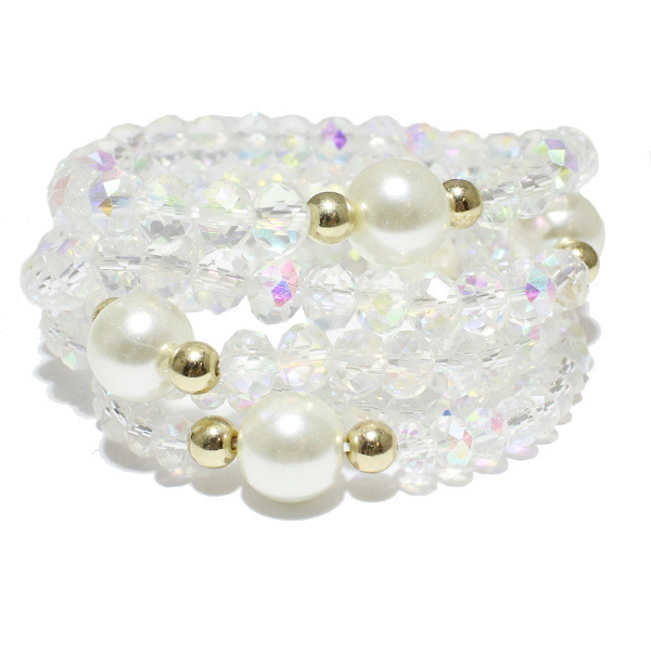 85704_Clear AB -GLCRY, bead & pearl multi layered stretch bracelet
