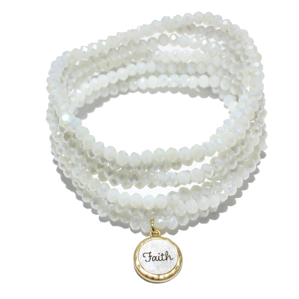 85720_White -TTWHT, &quotFaith" charm multi layered bead stretch bracelet
