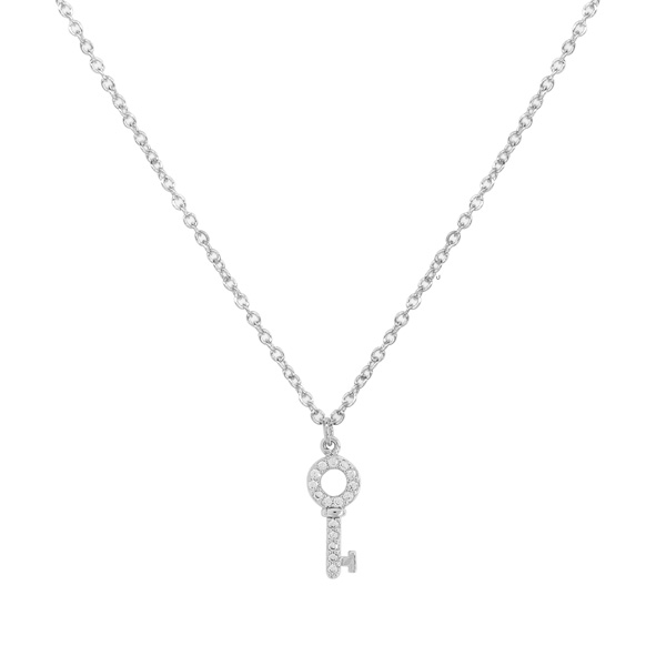 85881_Silver/Clear, dainty key w/ stone pendant necklace