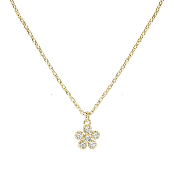 85883_Gold/Clear, dainty flower w/ stone pendant necklace