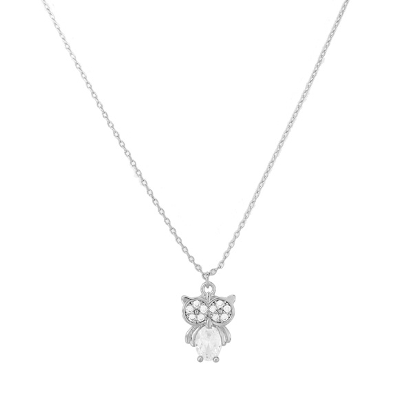 85885_Silver/Clear, dainty owl w/ stone pendant necklace