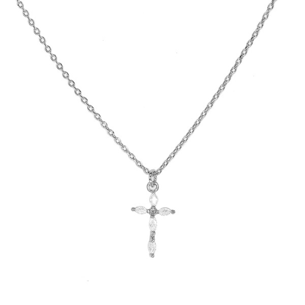 85887_Silver/Clear, dainty cross w/ stone pendant necklace