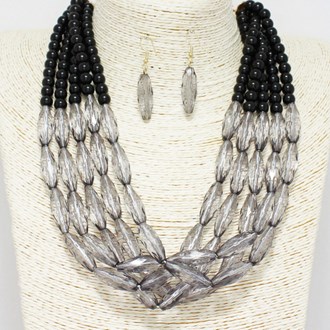 88379_Black, mix bead multi layered necklace 