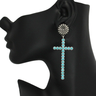 86213_Silver Burnished/Turquoise, cross turquoise stone drop earring