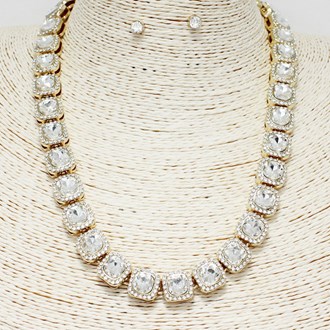 89200_Gold/Clear, square pave rhinestone necklace 