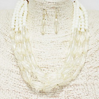 88379_Cream, mix bead multi layered necklace 