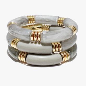 89664_Grey, acrylic tube multi layered stretch bracelet 
