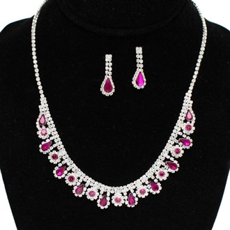 90856_Silver/Fuchsia, pave rhinestone crystal evening necklace, wedding, bridal, prom 