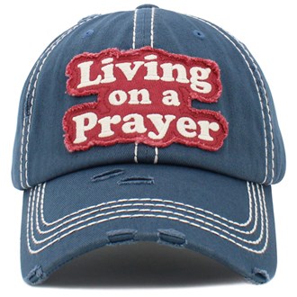 91809_Blue, "LIVING ON A PRAYER" washed vintage ball cap, religious 