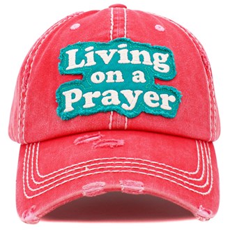 91809_Hot Pink, "LIVING ON A PRAYER" washed vintage ball cap, religious 