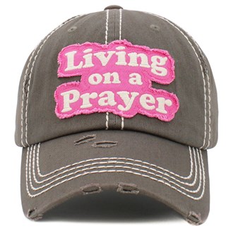 91809_Grey, "LIVING ON A PRAYER" washed vintage ball cap, religious 