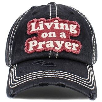 91809_Black, "LIVING ON A PRAYER" washed vintage ball cap, religious 